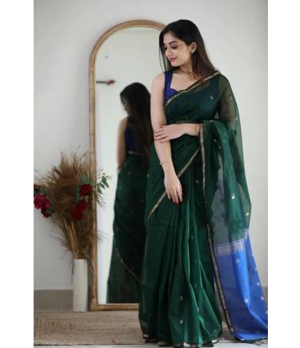 Generic Women's Cotton  Printed Saree With Unstitched Blouse 5.5Mtr (Green)