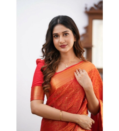 Generic Women's Silk Printed Saree With Unstitched Blouse 5.5Mtr (Orange)