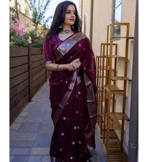 Generic Women's Cotton  Printed Saree With Unstitched Blouse 5.5Mtr (Maroon)