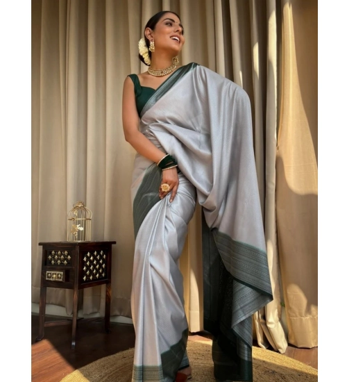 Generic Women's Silk Printed Saree With Unstitched Blouse 5.5Mtr (Grey)