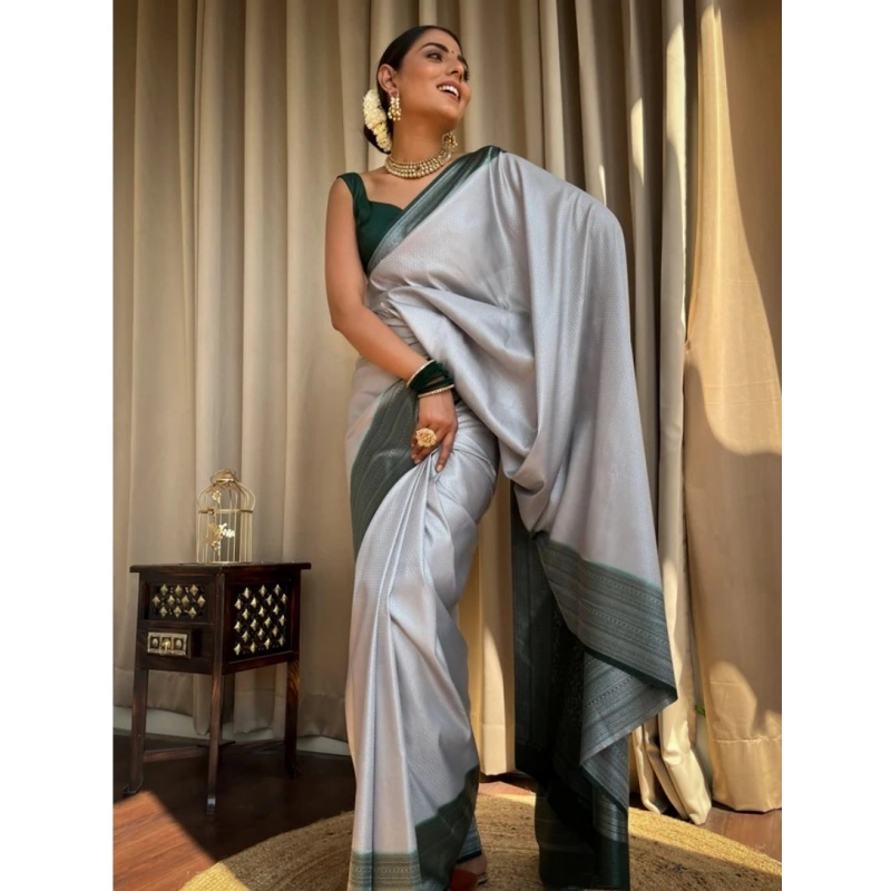 Women's Silk Printed Saree With Unstitched Blouse 5.5Mtr (Grey)
