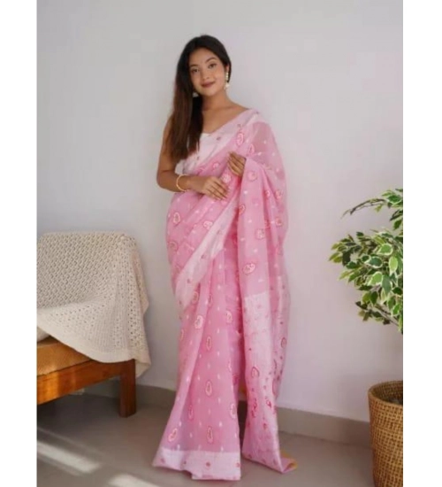 Generic Women's Cotton  Printed Saree With Unstitched Blouse 5.5Mtr (Pink)