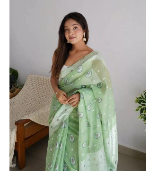 Generic Women's Cotton  Printed Saree With Unstitched Blouse 5.5Mtr (Pista)