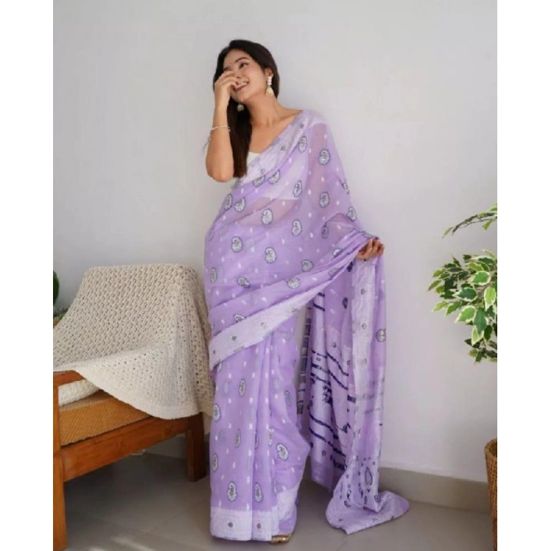 Women's Cotton Printed Saree With Unstitched Blouse 5.5Mtr (Lavender) Women's Cotton Printed Saree With Unstitched Blouse 5.5Mtr (Lavender)