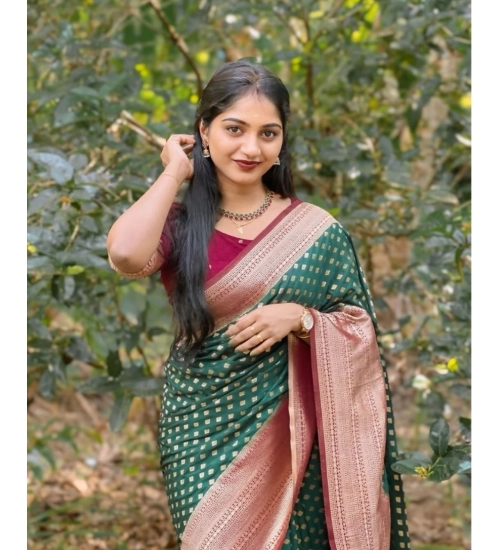 Generic Women's Silk Printed Saree With Unstitched Blouse 5.5Mtr (Green-Red)