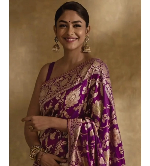 Generic Women's Silk Printed Saree With Unstitched Blouse 5.5Mtr (Purple)