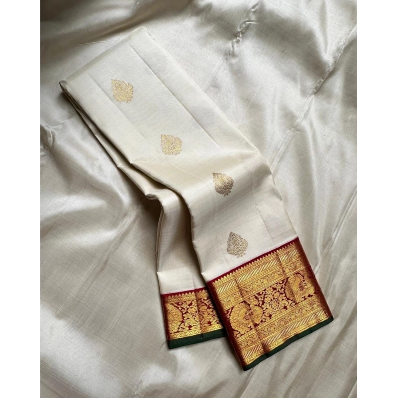 Women's Silk Printed Saree With Unstitched Blouse 5.5Mtr (Off White-Red)