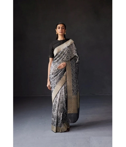 Generic Women's Silk Printed Saree With Unstitched Blouse 5.5Mtr (Grey)