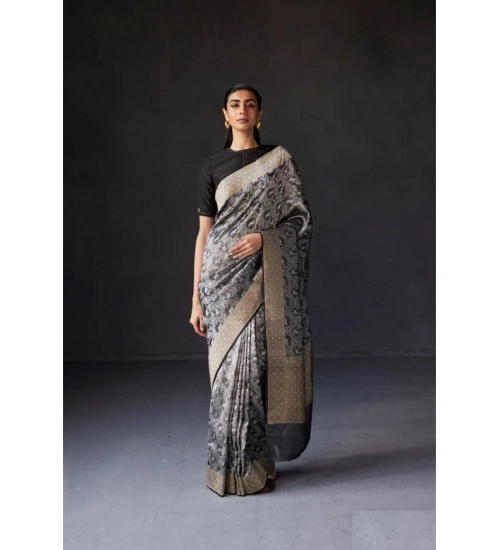 Generic Women's Silk Printed Saree With Unstitched Blouse 5.5Mtr (Grey)