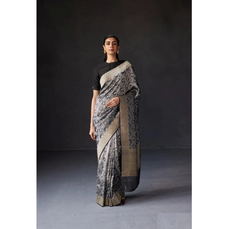 Women's Silk Printed Saree With Unstitched Blouse 5.5Mtr (Grey)