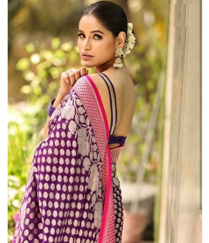 Generic Women's Silk Printed Saree With Unstitched Blouse 5.5Mtr (Purple)