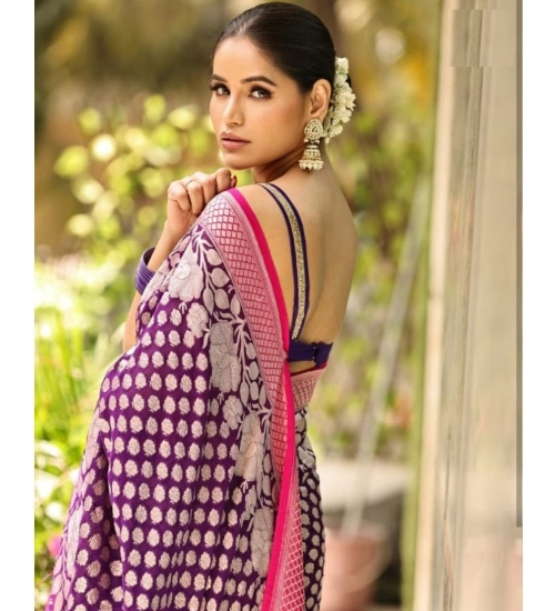Generic Women's Silk Printed Saree With Unstitched Blouse 5.5Mtr (Purple)