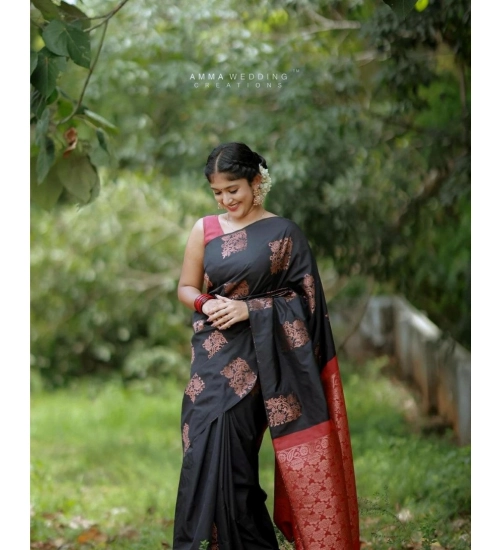 Generic Women's Silk Printed Saree With Unstitched Blouse 5.5Mtr (Black-Red)