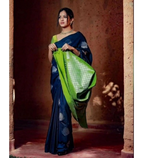 Generic Women's Silk Printed Saree With Unstitched Blouse 5.5Mtr (Navy Blue)