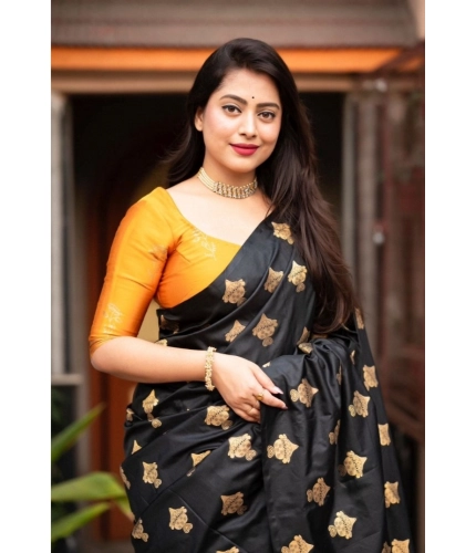 Generic Women's Silk Printed Saree With Unstitched Blouse 5.5Mtr (Yellow)