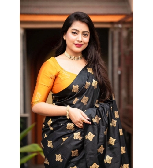 Generic Women's Silk Printed Saree With Unstitched Blouse 5.5Mtr (Yellow)