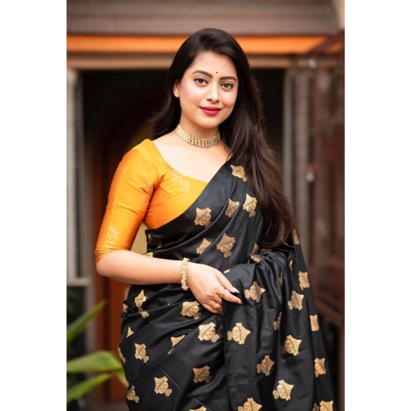 Women's Silk Printed Saree With Unstitched Blouse 5.5Mtr (Yellow)