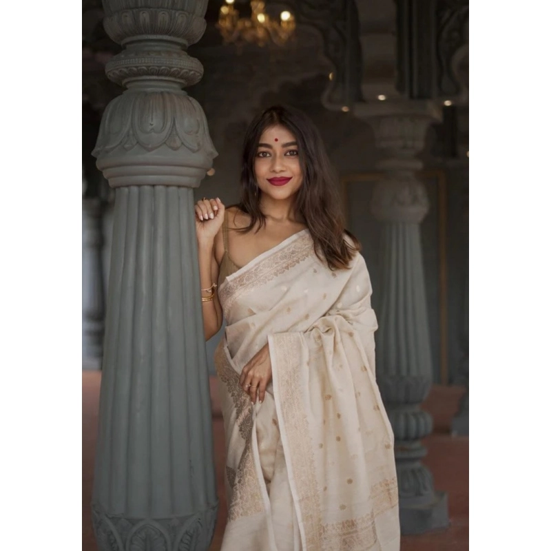 Women's Cotton  Printed Saree With Unstitched Blouse 5.5Mtr (Cream)