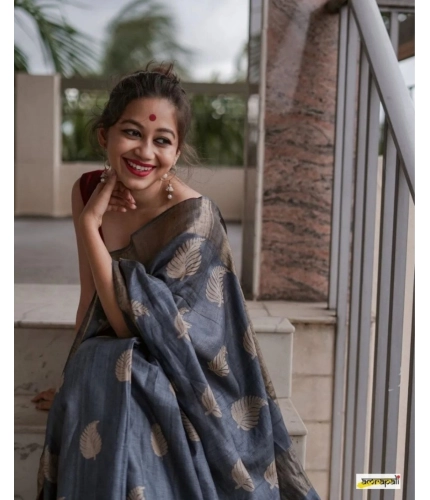 Generic Women's Silk Printed Saree With Unstitched Blouse 5.5Mtr (Grey)
