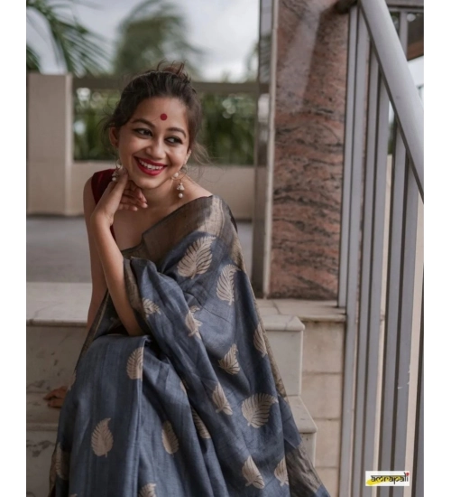 Generic Women's Silk Printed Saree With Unstitched Blouse 5.5Mtr (Grey)