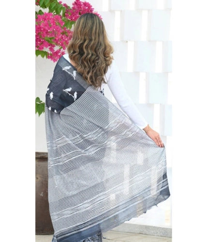 Generic Women's Silk Printed Saree With Unstitched Blouse 5.5Mtr (Black)