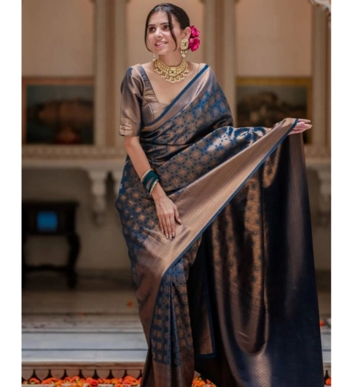 Generic Women's Silk Printed Saree With Unstitched Blouse 5.5Mtr (Blue)