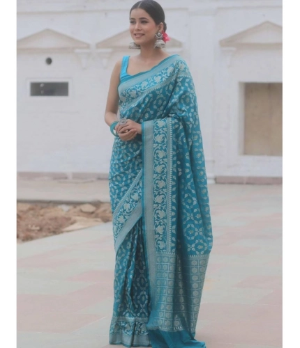 Generic Women's Silk Printed Saree With Unstitched Blouse 5.5Mtr (Sky Blue)