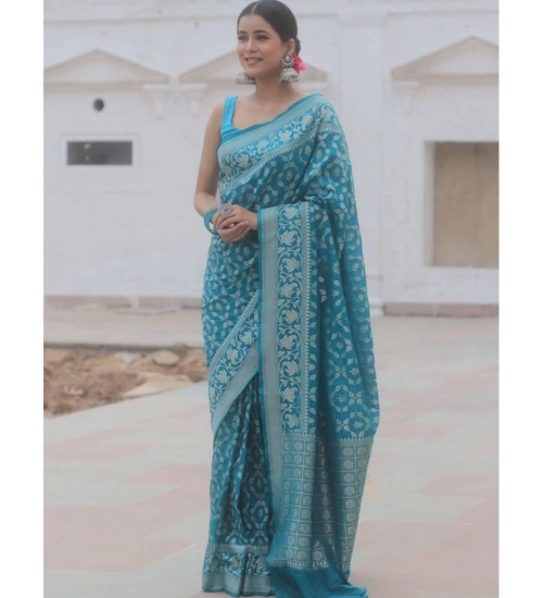 Generic Women's Silk Printed Saree With Unstitched Blouse 5.5Mtr (Sky Blue)