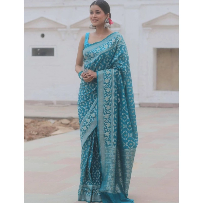 Women's Silk Printed Saree With Unstitched Blouse 5.5Mtr (Sky Blue)