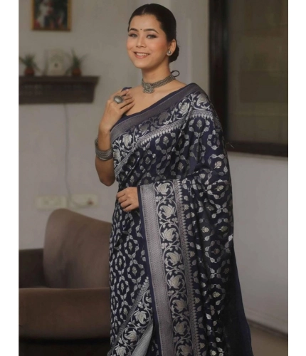 Generic Women's Silk Printed Saree With Unstitched Blouse 5.5Mtr (Navy Blue) Generic Women's Silk Printed Saree With Unstitched Blouse 5.5Mtr (Navy Blue)