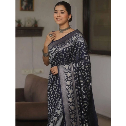 Women's Silk Printed Saree With Unstitched Blouse 5.5Mtr (Navy Blue) Women's Silk Printed Saree With Unstitched Blouse 5.5Mtr (Navy Blue)