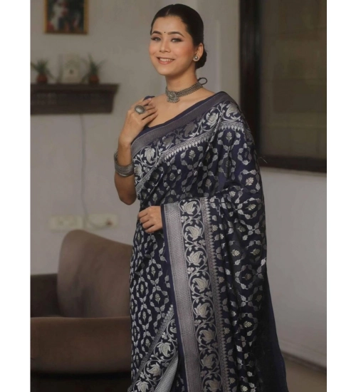 Generic Women's Silk Printed Saree With Unstitched Blouse 5.5Mtr (Navy Blue)