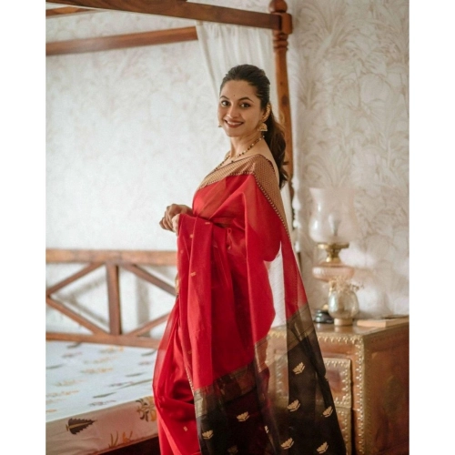 Women's Cotton  Printed Saree With Unstitched Blouse 5.5Mtr (Red)