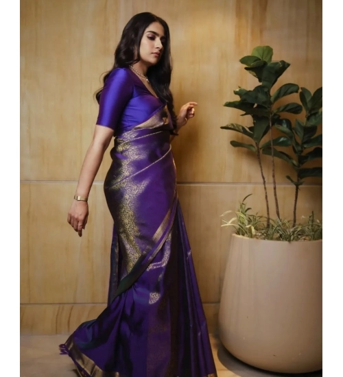 Generic Women's Silk Printed Saree With Unstitched Blouse 5.5Mtr (Purple)