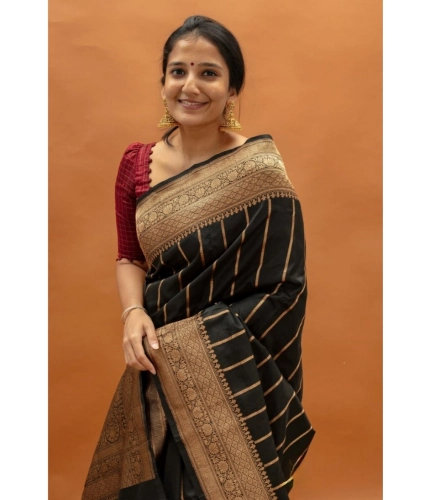 Generic Women's Silk Printed Saree With Unstitched Blouse 5.5Mtr (Black)