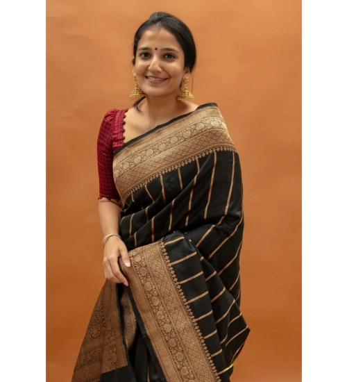 Generic Women's Silk Printed Saree With Unstitched Blouse 5.5Mtr (Black)