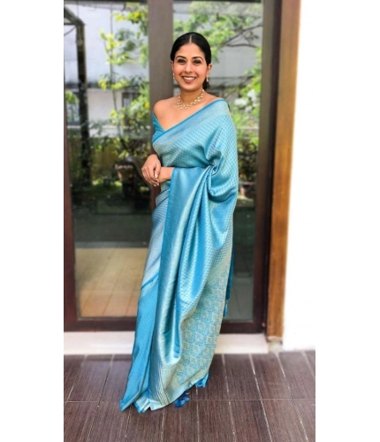 Generic Women's Silk Printed Saree With Unstitched Blouse 5.5Mtr (Sky Blue)