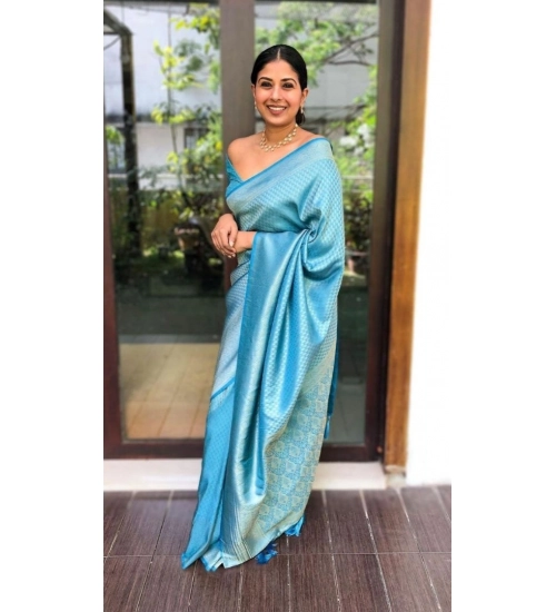 Generic Women's Silk Printed Saree With Unstitched Blouse 5.5Mtr (Sky Blue)