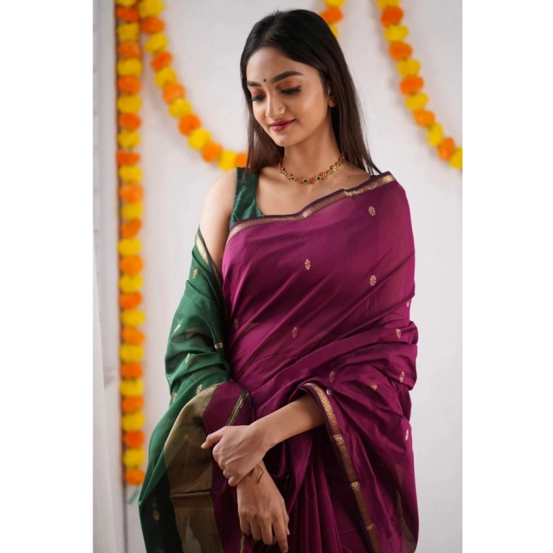 Women's Cotton  Printed Saree With Unstitched Blouse 5.5Mtr (Wine)