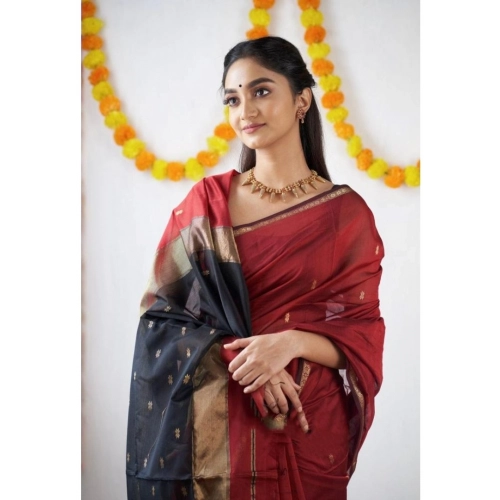Women's Cotton  Printed Saree With Unstitched Blouse 5.5Mtr (Red)