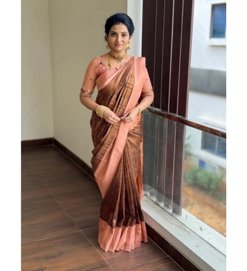 Generic Women's Silk Printed Saree With Unstitched Blouse 5.5Mtr (Brown)