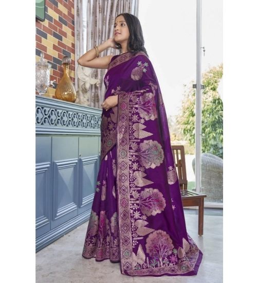 Generic Women's Silk Printed Saree With Unstitched Blouse 5.5Mtr (Purple)