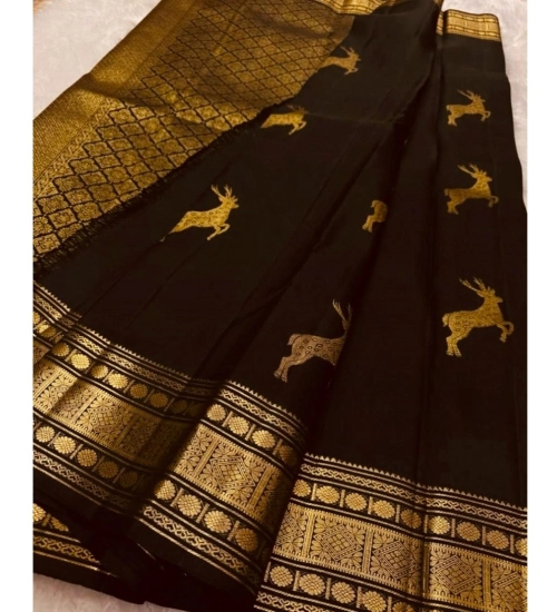 Generic Women's Silk Printed Saree With Unstitched Blouse 5.5Mtr (Black)