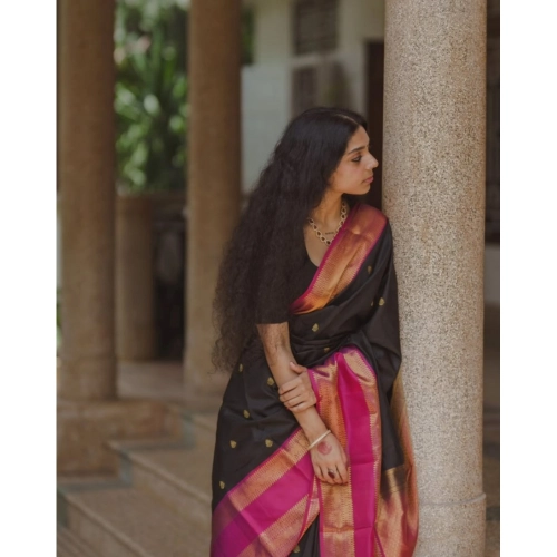 Women's Silk Printed Saree With Unstitched Blouse 5.5Mtr (Black-Pink)