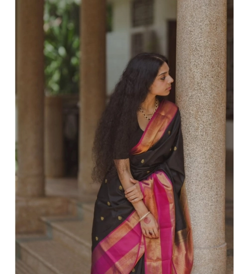 Generic Women's Silk Printed Saree With Unstitched Blouse 5.5Mtr (Black-Pink)