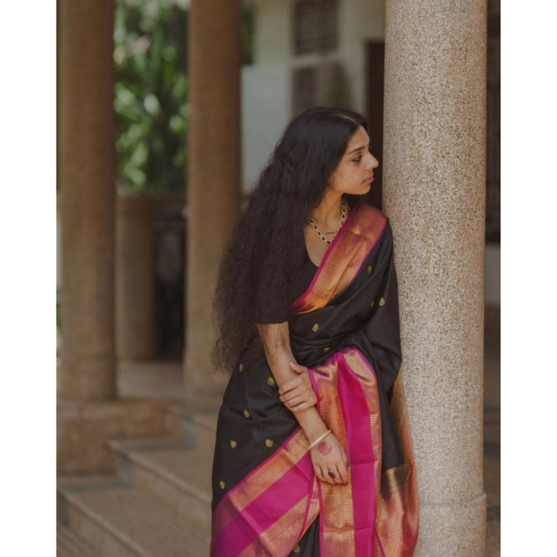 Women's Silk Printed Saree With Unstitched Blouse 5.5Mtr (Black-Pink) Women's Silk Printed Saree With Unstitched Blouse 5.5Mtr (Black-Pink)