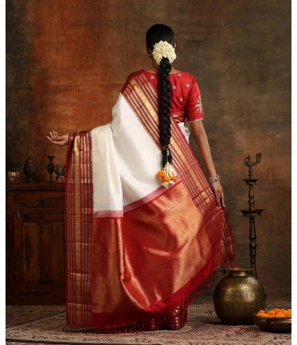 Generic Women's Silk Printed Saree With Unstitched Blouse 5.5Mtr (White-Maroon)