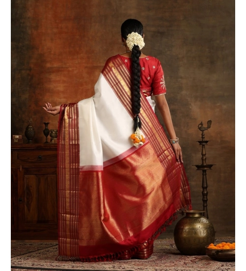 Generic Women's Silk Printed Saree With Unstitched Blouse 5.5Mtr (White-Maroon)