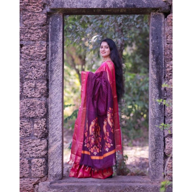 Women's Silk Printed Saree With Unstitched Blouse 5.5Mtr (Purple)