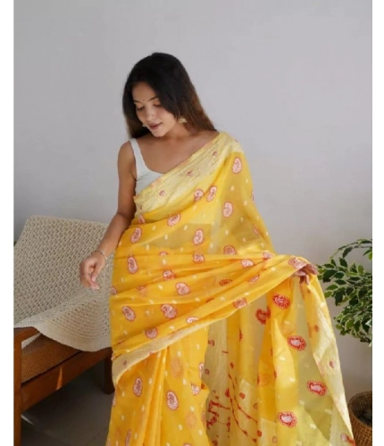 Generic Women's Cotton  Printed Saree With Unstitched Blouse 5.5Mtr (Yellow)